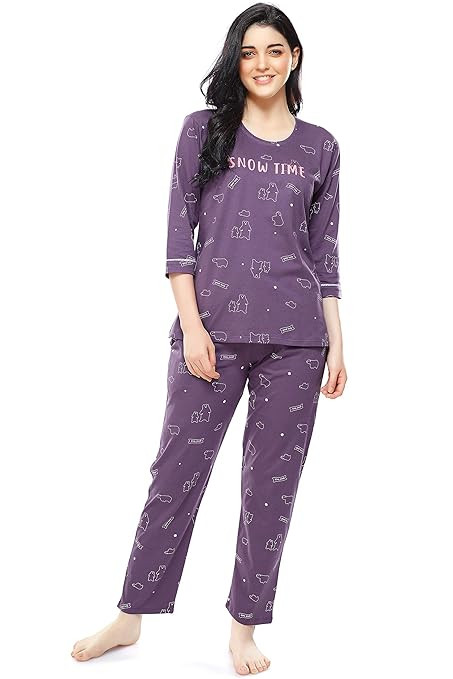 Women's Cotton Flash Printed Night Suit Set of Shirt & Pajama Set 5251 (Available in Plus Size)