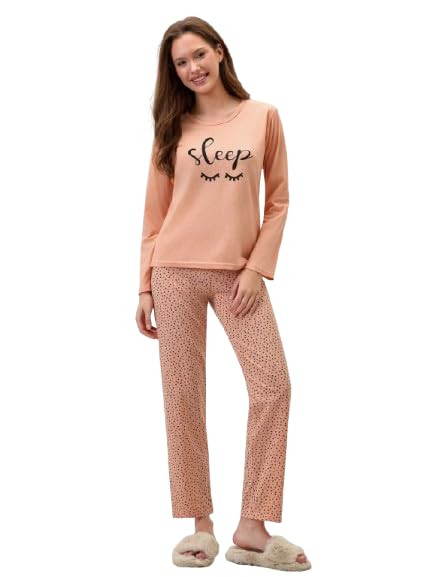 Women's Nightsuit, Peach Long Sleeve Top with 'Sleep' Print and Polka Dot Pyjama Set