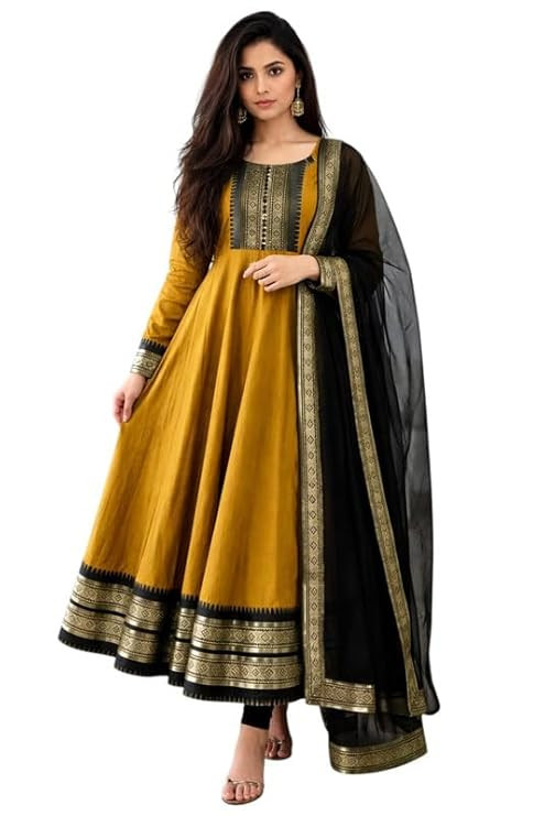 TA  Silk Cotton Anarkali Orange Gown Set with Zari Kanchi Border & Contrast Zari Dupatta Ethnic Gown for Women