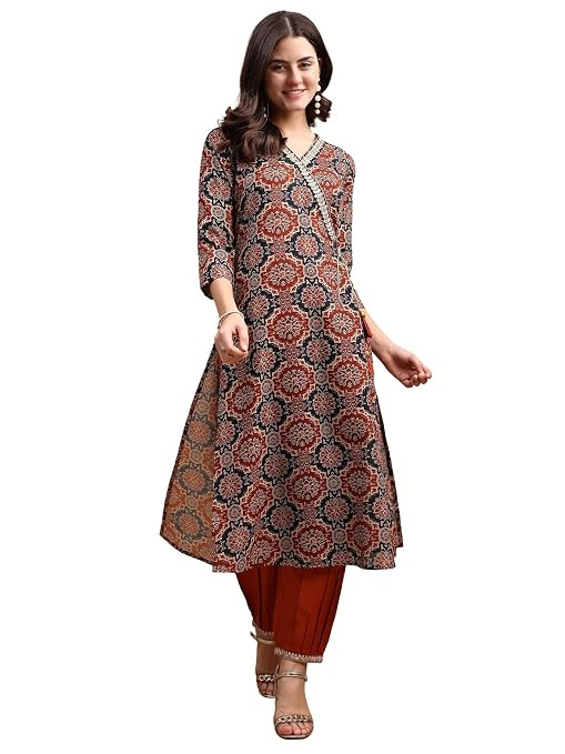 TA    EthnicJunction Women's Rust Cotton Blend Ajrak Print Angrakha Knot Kurta