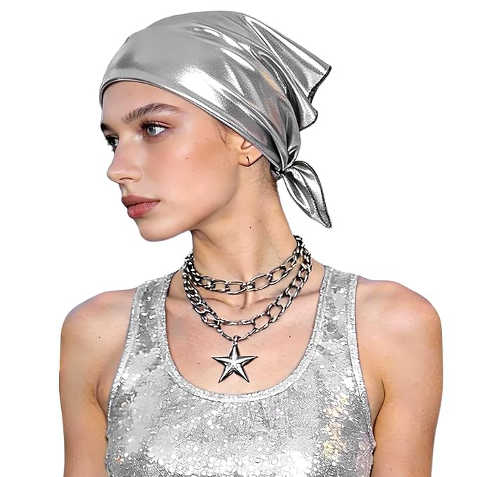 TA Hair Bandanas for Women, Silver Metallic Bandana, Shiny Square Head Wrap Scarf, Punk Grunge Headband Scarf, Hip Hop Street Style Neck Headscarf for Disco Concert, Party Cosplay & Daily Fashion