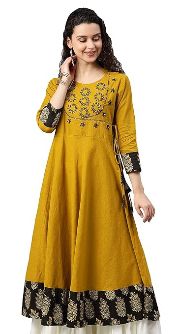 TA Yash Gallery Women's Cotton Relaxed Fit Angrakha Slub Sequin Work Kurta