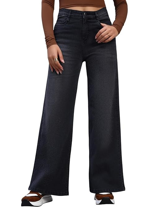 TA  Women High Rise Wide Leg Full Length Cotton Poly Lycra Jeans | Casual Denim Wear