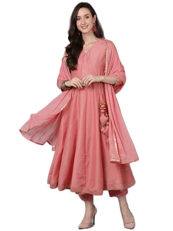 TA  Women's Silk Blend Solid Anarkali Kurta Set with Dupatta With Cotton Inner