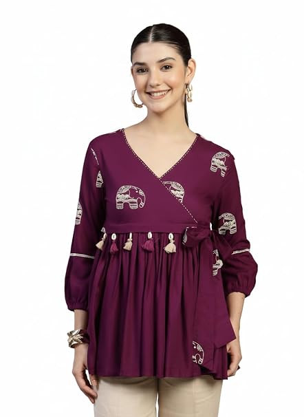 TA JAIPURFAME Women's Cotton Angrakha Kurti | Elephant Print Peplum Top with Tassel & Cowrie Shells | Ethnic Fusion Short Top