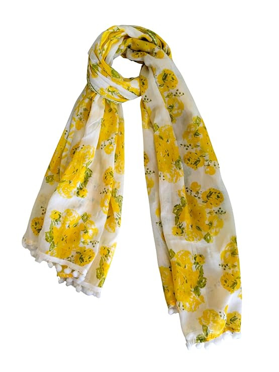 TA Pure MalMal Cotton Women Scarf, Yellow Floral Print with White Pom Pom Trim, Lightweight Fashion Accessory