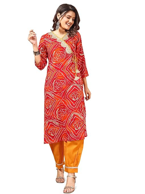 TA Youthnic Women's Pure Rayon Bandhani Print Embroidery Angrakha Knot Kurta