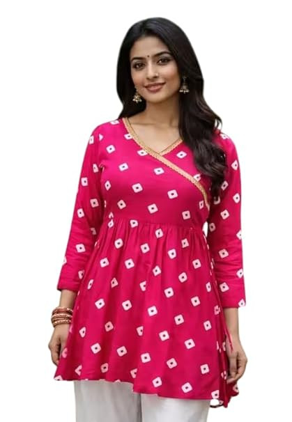 TA RM Women Bandhani Print Cotton Angrakha Top | Ethnic Flared Tunic with Gota Patti Work | Stylish Square-Neck Short Kurti for Jeans (Colors: Pink & Black)