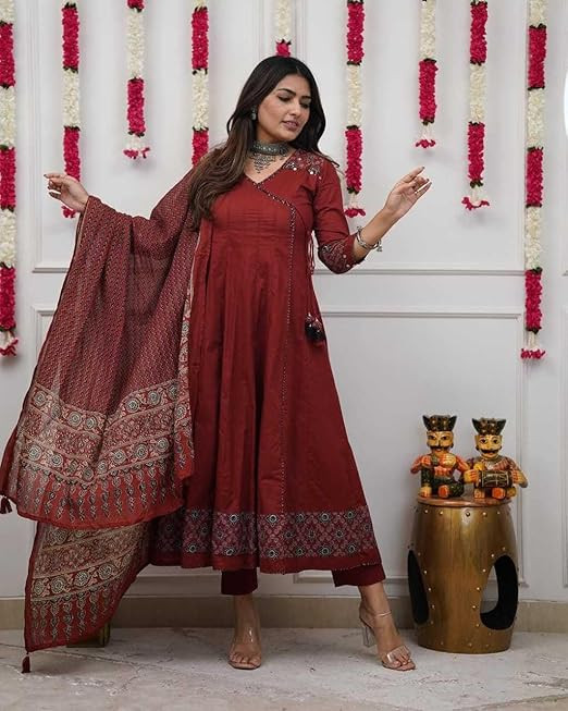 TA Women’s Cotton Angrakha Style Kurta Pant Dupatta Set | Printed Flared Kurta with Katha Work | Traditional Ethnic Wear (Mahroon)