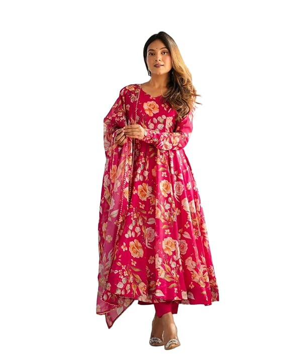 TA Organza Silk Print Anarkali Kurta Set with Shawl Dupatta and Stitched Pant Fully Stitched Traditional Ethnic Wear