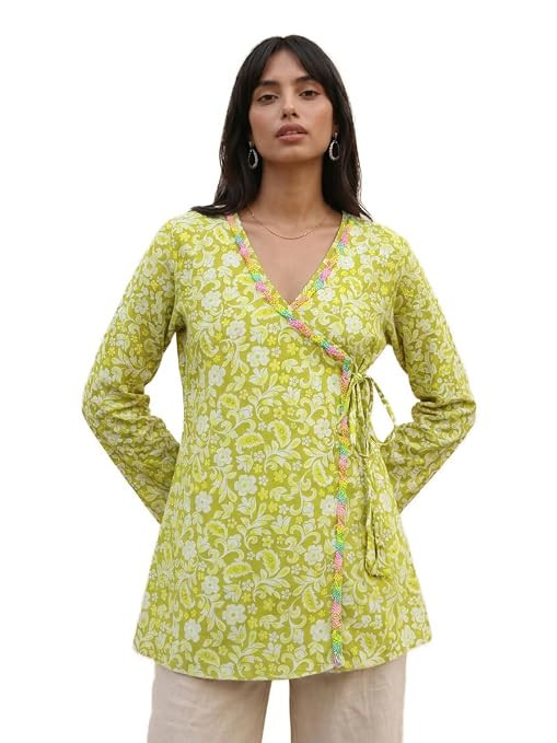 TA Women's Cotton Printed Angrakha Style Short Kurti/Top | V-Neck Style, Long Sleeves, Tie-Waist Closure, Paisley & Floral Print, Multiple Colours