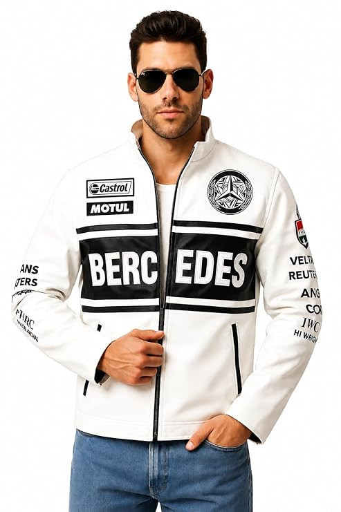 TA White Motorsport-Inspired Racing Streetwear Jacket for Men | Premium Zip-Up Casual Biker Jacket | Graphic Racing Style Fashion Outerwear