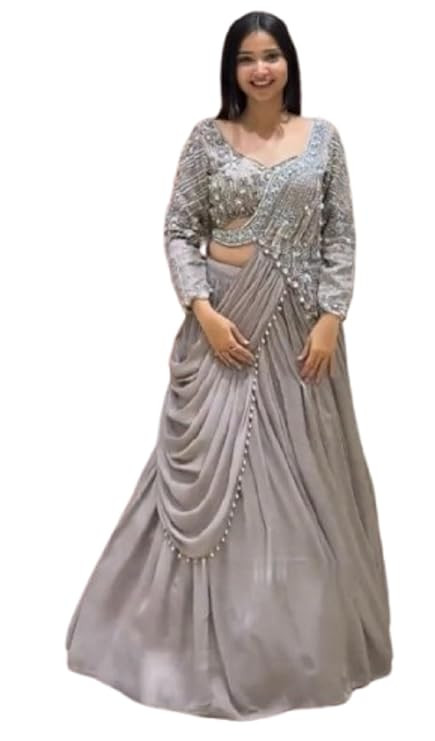 TA Lehenga Choli Indo-Western Draped Set For Womens And Girls Ready To Wear Hevay Rangoli Silk Fabric With Work Multi Thread Embroidery Sequence Work