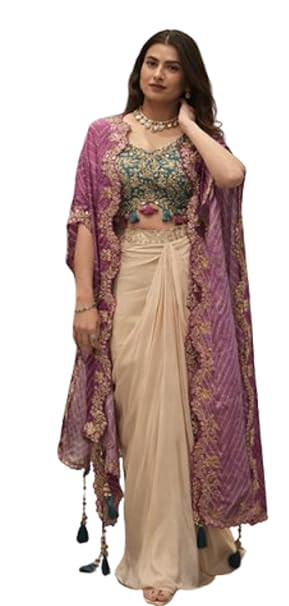 TA Lehenga Choli Indo-Western Draped Set For Womens And Girls Ready To Weear Hevay Crep Silk Fabric With Work Multi Thread Embroidery Coding wedding indowestern Three piech Purple