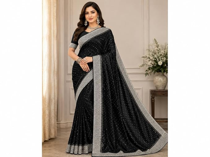 TA Elegant Black Super Net Saree for Women | Embroidered Designer Party Saree with Rich Silver Border | 5.5 Meter Saree with 0.9 Meter Blouse Piece | Wedding & Festive Ethnic Saree