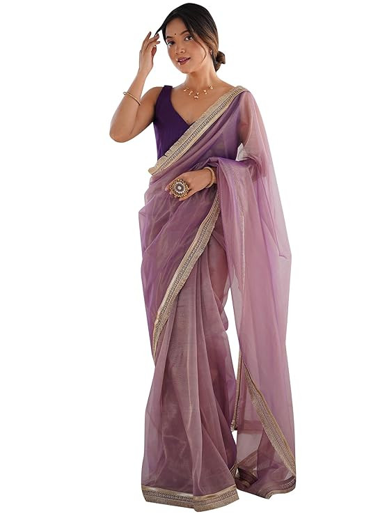 TA Women's Shimmer Net Solid Saree With Unstitched Blouse Piece