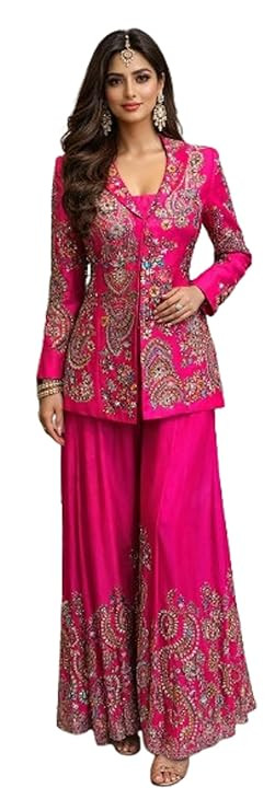 TA  indo-western Crepe & Silk Set with Silk Blouse & Sequined Shrug | Ready-to-Wear 3-Piece Ethnic Outfit for Women jacket with palazzo Embroidery work saree