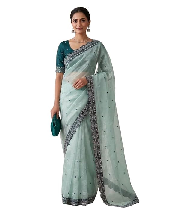 TA  Women Jp net plain saree with border embroidery work saree with unstitched blouse for women