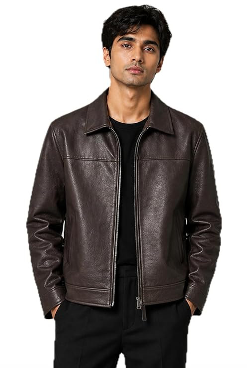 TA Men's Faux Leather Jacket, Brown, Waterproof Windproof, Lightweight, Ideal for Hiking, Trekking & Daily Wear