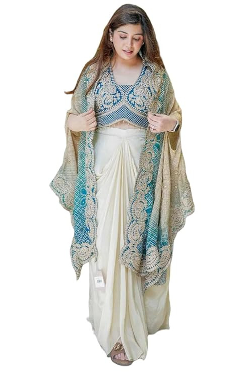 TA  Indo Western Dhoti Set for Women with Embroidered Blouse and Shrug Chinon Silk Ready to Wear Dhoti Saree Style Outfit with Cording Work