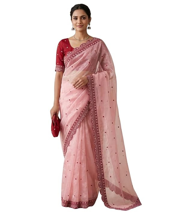 TA  Women Jp net plain saree with border embroidery work saree with unstitched blouse for women