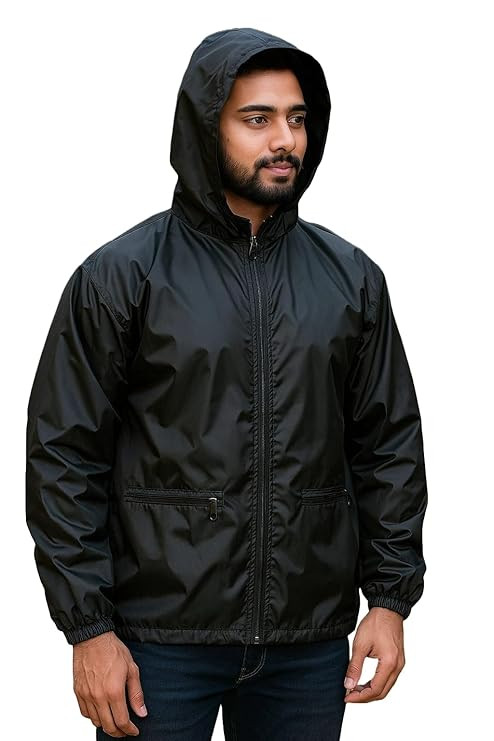 TA Men’s Lightweight Waterproof Windcheater – Black Hooded Rain Jacket for Outdoor, Hiking & Travel- (Medium)