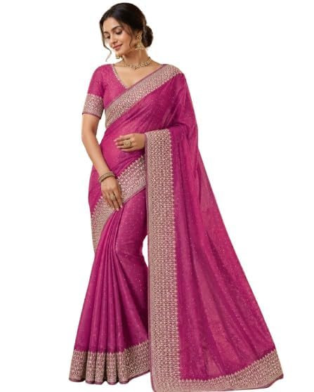 TA Rani Pink Twill Net Saree with Blouse Piece 5.5m for Women | Elegant Lightweight Designer Saree for Party, Wedding & Festive | Trendy Traditional Ethnic Outfit