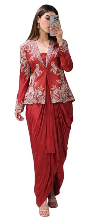 TA  Ready To Wear Indo-Western Draped Set For Womens And Girls Rangoli Silk Fabric With Multi Thread Embroidery Cording Fully Stitched Dhoti And Blouse With Shrug Maroon
