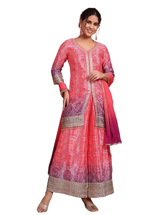 TA  Women's Silk Blend Bandhani Kurta and Palazzo Set