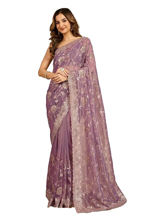 TA Women's Soft Net Embroidery work Saree with Unstitched Blouse Piece (K1218-LightPurple)