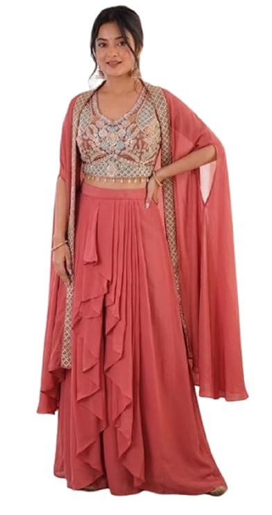 TA  Fashion Since Women's And Girls Indowestern three piece set with embroidery Chinon Silk Fabric Dhoti Blouse Shrug Traditional Indian Ethnic Wear, Wedding Festive Occasion Orange