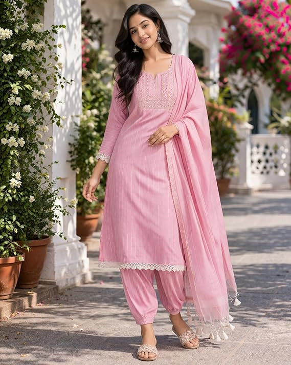 TA Pink Cotton Blend Kurta Set for Women, Traditional Style, Round Neck, Ankle Length, with Dupatta, 3-Piece Set