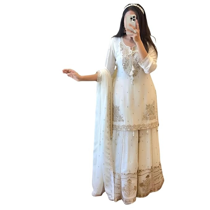 TA Women's White Embroidered Georgette Sharara Set with Dupatta | Party Kurta Pant | Festive Wedding Ethnic Dress for Women Elegant dress