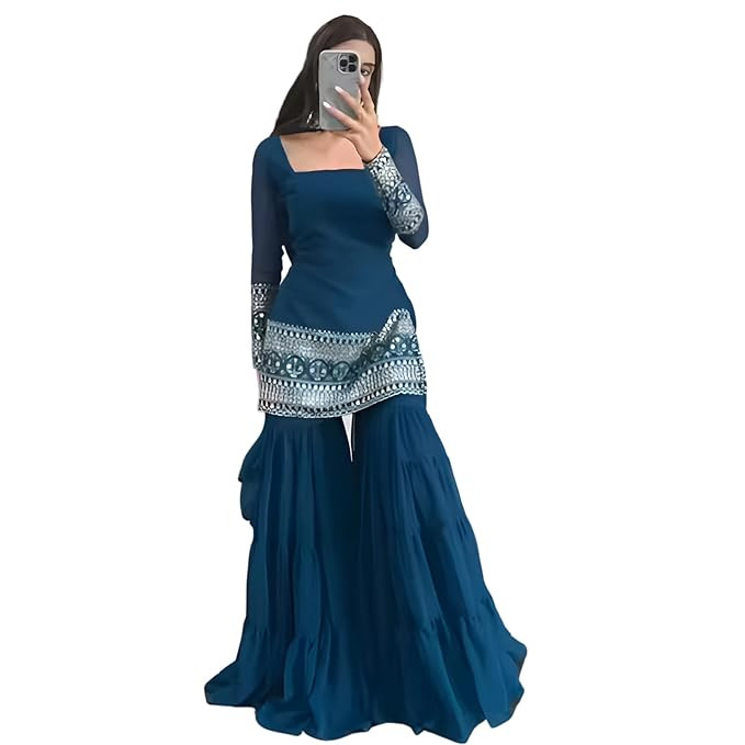 TA Women’s Royal Blue Georgette Sharara Suit Set with Heavy Embroidered Kurta, Dupatta & Palazzo | Festive, Wedding & Party Indian Ethnic Outfit