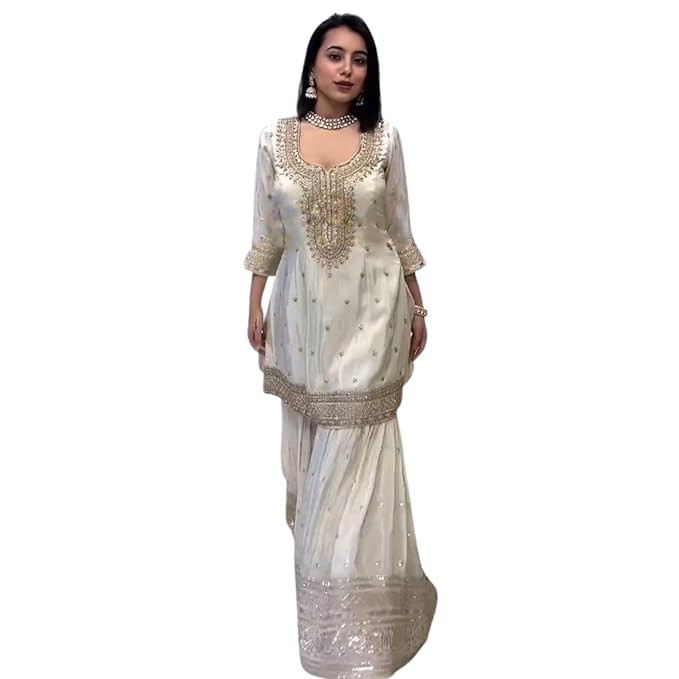 TA Design Embroidered Sharara Suit, White Silk with Gold Embellishments, Three-Quarter Sleeves
