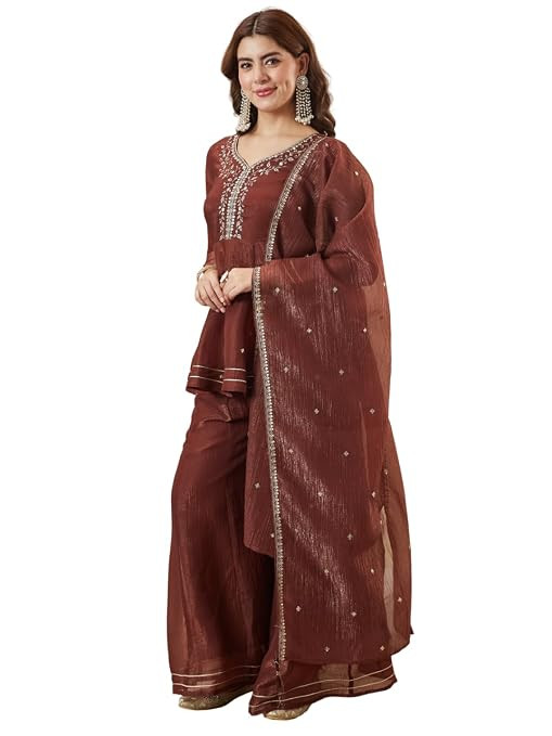 TA Women’s Silk Embroidery Peplum Kurta Sharara with Dupatta | Anarkali Kurta Set | Sweetheart Neck Full Sleeve Ethnic Suit | 3 Piece Outfit | Indian Kurta Outfit With Sharara