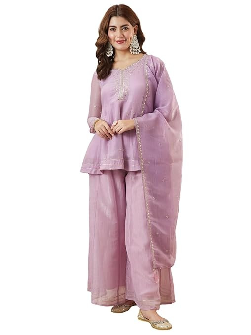 TA Women’s Silk Embroidery Peplum Kurta Sharara with Dupatta | Anarkali Kurta Set | Sweetheart Neck Full Sleeve Ethnic Suit | 3 Piece Outfit | Indian Kurta Outfit With Sharara