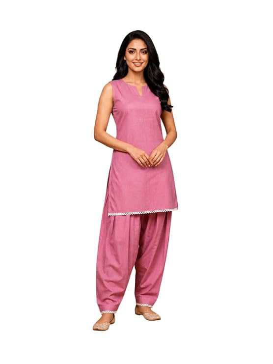 TA Women's Cotton Sleeveless Kurta with Patiala Salwar Set Pink,Red | Straight Kurta Style, Lace Detail Hem, Ethnic Wear, Plain Solid Fabric, Kurti & Bottom Set