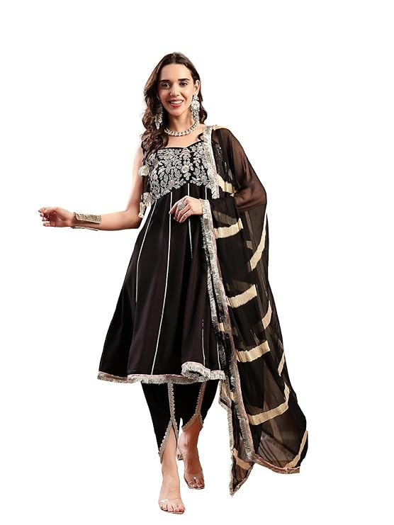 TA Women's Black Solid & Embroidered Cotton A-Line Kurta Dhoti Pant Dupatta Set