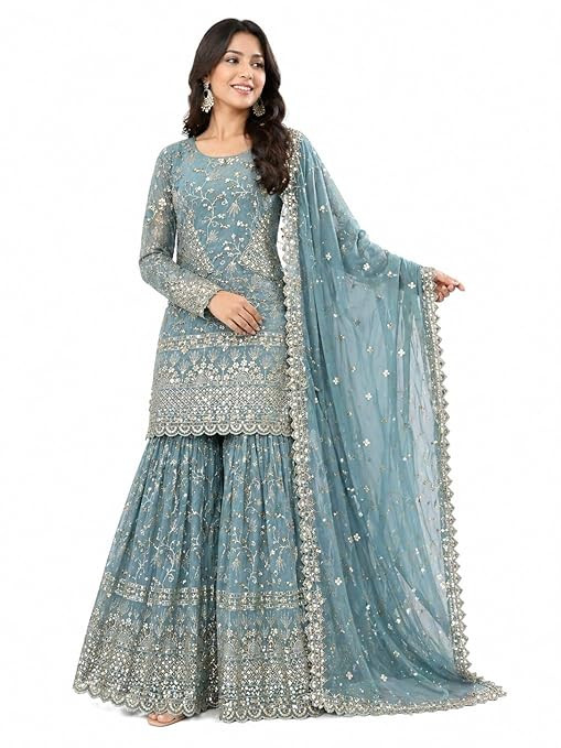 TA Women's Designer Sharara Suit Set | Fandy Crush Silk Embroidered Top, Sharara Palazzo & Dupatta | Ethnic Set (AP-251-479-RANI-2XL)