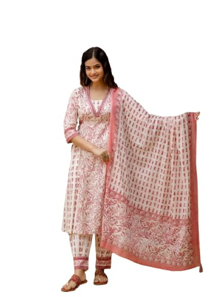 TA Women's Cotton Floral Block Print Kurta Pant with Dupatta Set, Ethnic Wear, Mirror Work Embellishment,Womens Floral Beautiful Cotton Printed V-Neck Patiala with Dupatta Set.
