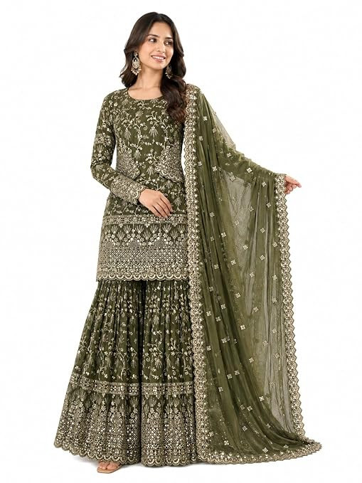 TA TA Women’s designer sharara suit set with Fandy Crush silk embroidered top, sharara palazzo, and dupatta. Elegant ethnic outfit for weddings, parties, and festive occasions. Premium traditional wear for women.