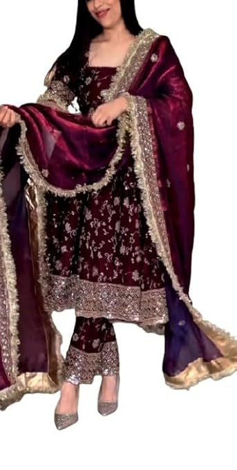 TA Women's Designer Sharara Suit Set | Fandy Crush Silk Embroidered Top, Sharara Palazzo & Dupatta | Ethnic Set (AP-251-479-RANI-2XL)