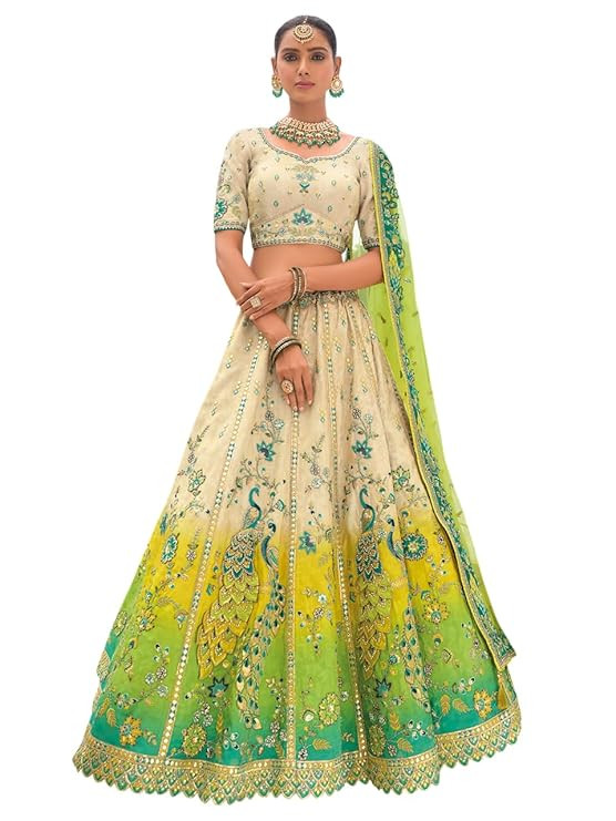 TA Woman's Beige and green silk wedding lehenga choli