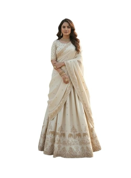 TA Women's Vichitra Embroidered Semi-Stitched Lehenga Choli Juli LH White-XYZ