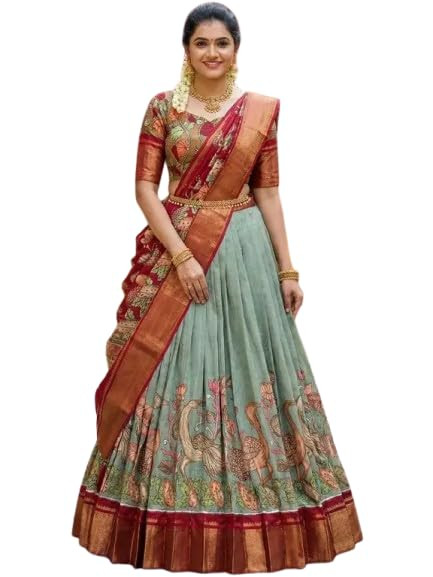 TA Kalamkari Printed Lehenga Choli with Dupatta, Silk, Multicolour