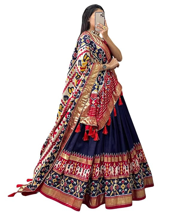 TA Women's Trending Designeer Tussar Silk Lehenga Choli Print with Foil Work With Unstitched Blouse Patola Print Adorned with Foil Work For Navrati || Wedding || Festival