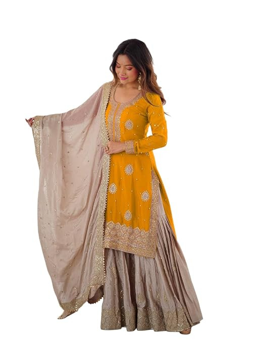 TA Embroidered Sharara Suit, Gold Embroidery, Georgette, 3 Piece Set with Dupatta