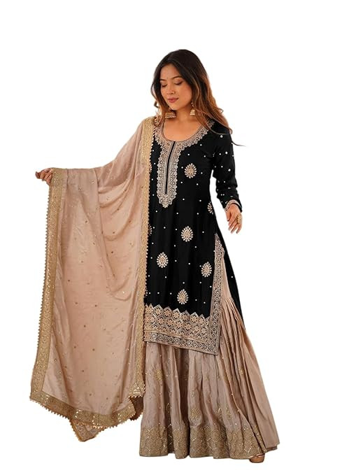 TA Women's Embroidered Sharara Suit, Gold Embroidery, Georgette, 3 Piece Set with Dupatta
