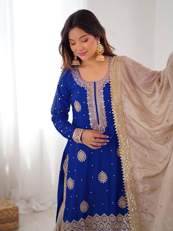 TA Women's Embroidered Sharara Suit, Gold Embroidery, Georgette, 3 Piece Set with Dupatta
